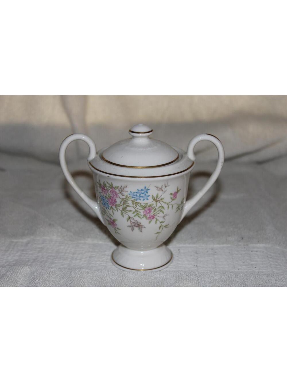 VINTAGE PORCELAIN PEDESTAL SUGAR BOWL WHITE PASTEL FLORAL GOLD TRIM 2 HANDLE LID